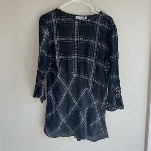 Habitat Black White Plaid Textured Asymmetric Tunic Top Small Linen Blend Artsy